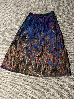 Bohemian Peacock Embroidered Maxi Skirt - Blue, Purple & Brown